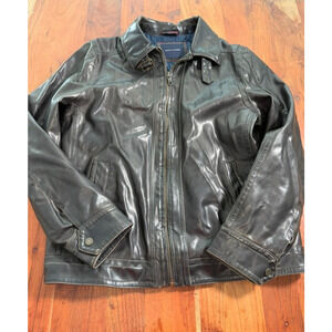 Tommy Hilfiger Men’s Black Leather Jacket Size L Quilted Lined Zip Front